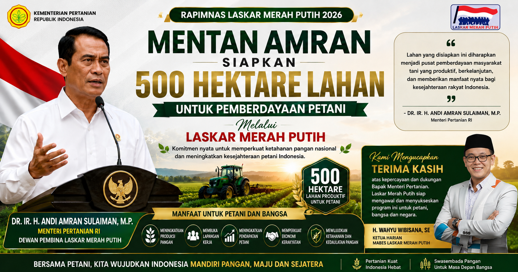 Mentan Amran Siapkan 500 Hektare Lahan untuk Petani, Laskar Merah Putih Siap Dukung Swasembada Pangan Nasional